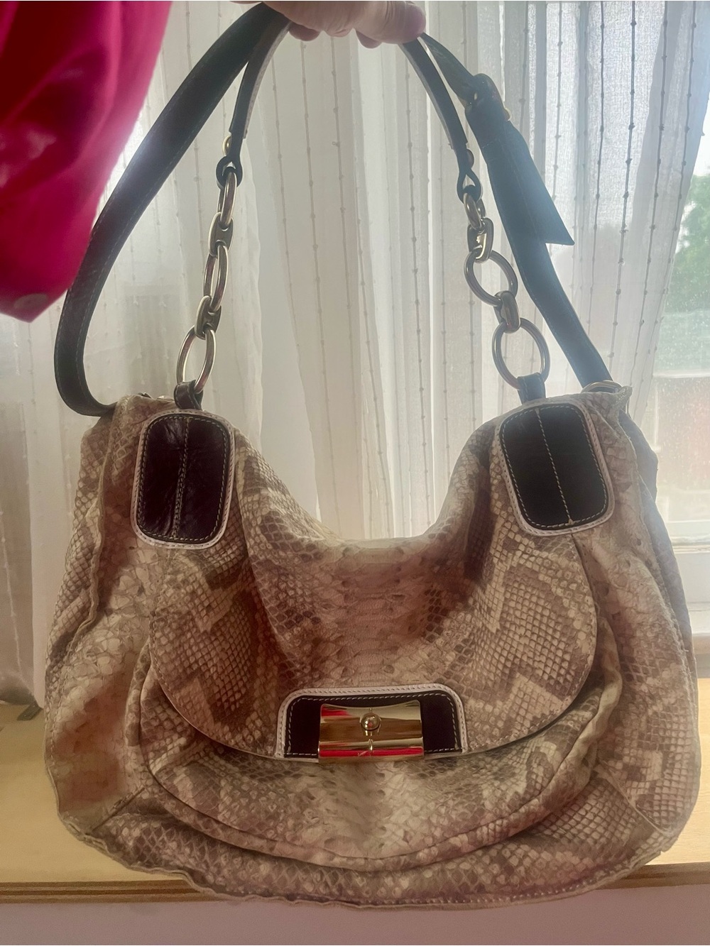 Pulicati Neutral Leather Snake-Print Hobo Bag with Gold Accent